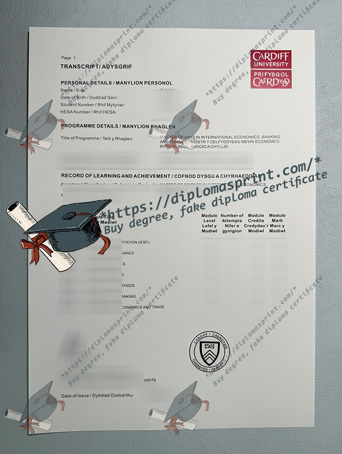 Cardiff University Transcript, Prifysgol Caerdydd Transcript