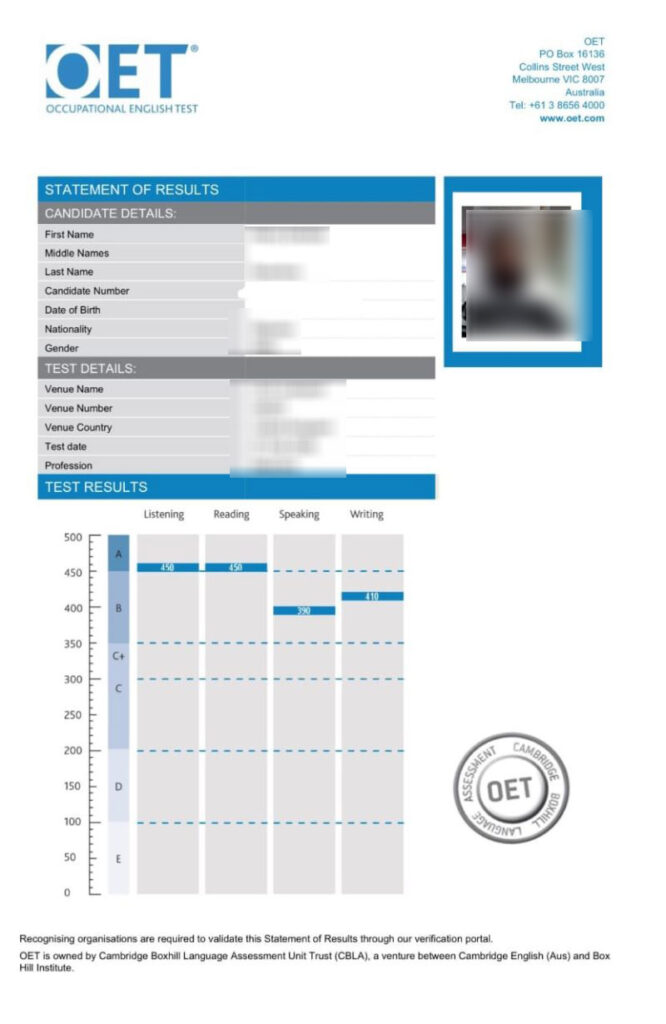 OET result facsimile